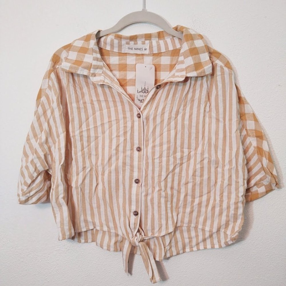 The Nines Yellow & White Crop Button Down NEW M